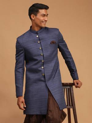 Men'S Navy Blue Silk Blend Sherwani Only Top 2