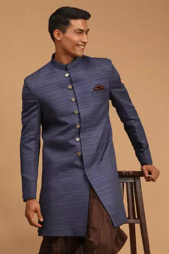 Men'S Navy Blue Silk Blend Sherwani Only Top