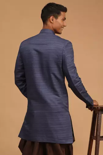 Men'S Navy Blue Silk Blend Sherwani Only Top