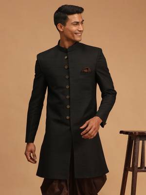 Men'S Black Silk Blend Sherwani Only Top 1
