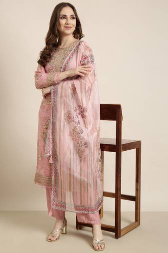 Showoff women's round neck floral foil print pink straight kurta and trouser with dupatta