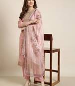 Showoff women's round neck floral foil print pink straight kurta and trouser with dupatta