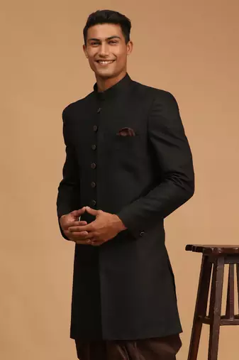 Men'S Black Silk Blend Sherwani Only Top