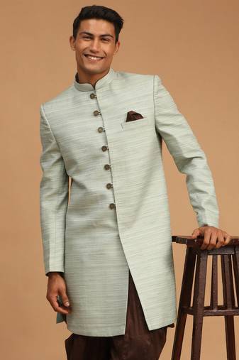 Men'S Mint Green Silk Blend Sherwani Only Top