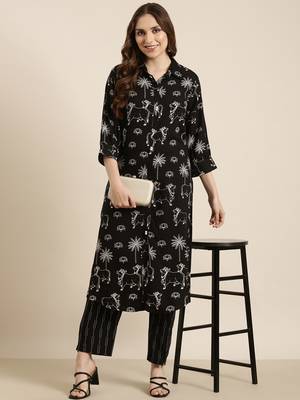 women's shirt collar ethnic motifs black straight kurta and trouser 1