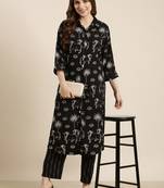 women's shirt collar ethnic motifs black straight kurta and trouser