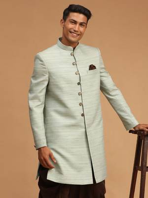 Men'S Mint Green Silk Blend Sherwani Only Top 2
