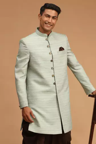 Men'S Mint Green Silk Blend Sherwani Only Top