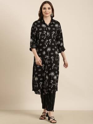 women's shirt collar ethnic motifs black straight kurta and trouser 2