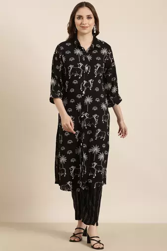 women's shirt collar ethnic motifs black straight kurta and trouser