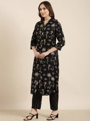 women's shirt collar ethnic motifs black straight kurta and trouser 3
