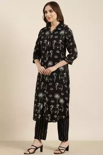 women's shirt collar ethnic motifs black straight kurta and trouser