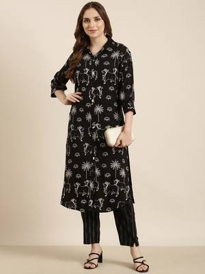 women's shirt collar ethnic motifs black straight kurta and trouser 4