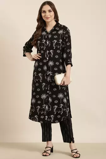 women's shirt collar ethnic motifs black straight kurta and trouser
