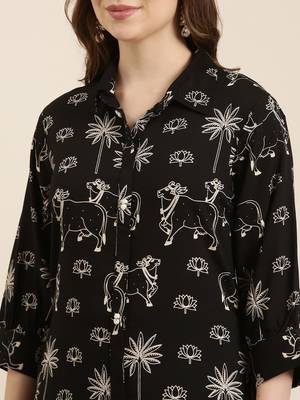 women's shirt collar ethnic motifs black straight kurta and trouser 5