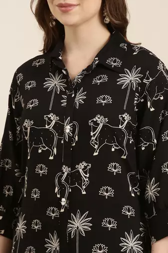 women's shirt collar ethnic motifs black straight kurta and trouser