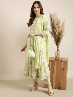 women's round neck floral foil print green anarkali kurta and trouser with dupatta 1
