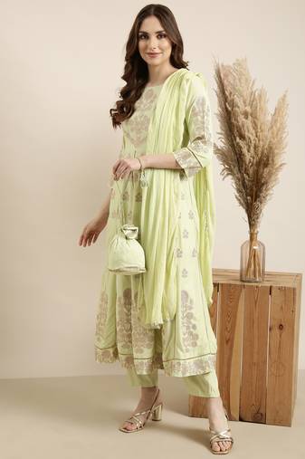 women's round neck floral foil print green anarkali kurta and trouser with dupatta