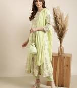women's round neck floral foil print green anarkali kurta and trouser with dupatta