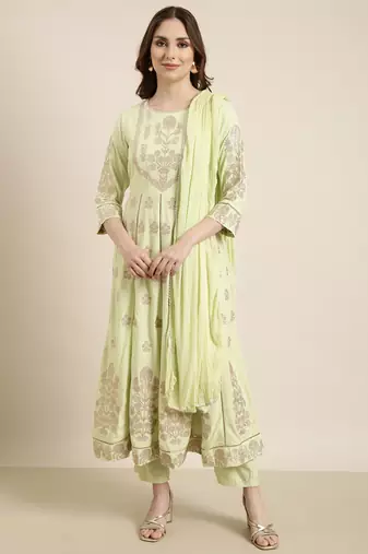 women's round neck floral foil print green anarkali kurta and trouser with dupatta
