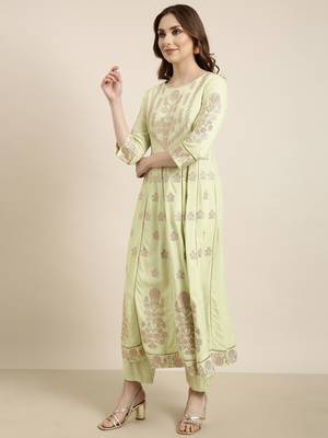 women's round neck floral foil print green anarkali kurta and trouser with dupatta 3