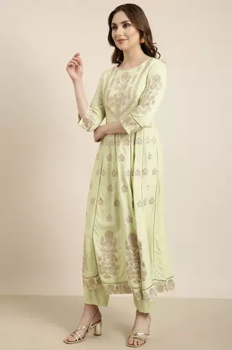 women's round neck floral foil print green anarkali kurta and trouser with dupatta