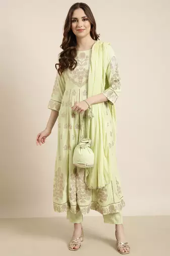 women's round neck floral foil print green anarkali kurta and trouser with dupatta