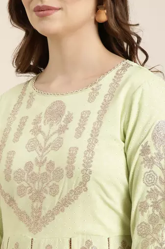 women's round neck floral foil print green anarkali kurta and trouser with dupatta