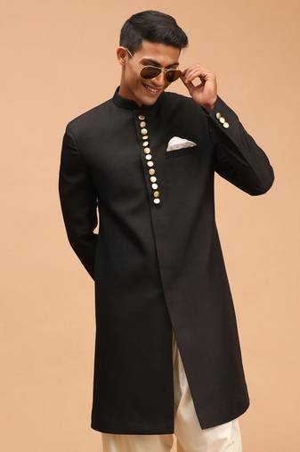 Men'S Black Achkan Sherwani Only Top