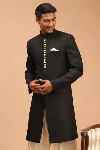 Men'S Black Achkan Sherwani Only Top