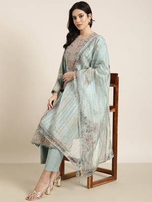 women's round neck solid zari sea green straight kurta and trouser with dupatta 1