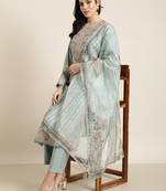 women's round neck solid zari sea green straight kurta and trouser with dupatta