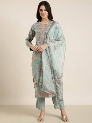 women's round neck solid zari sea green straight kurta and trouser with dupatta 2