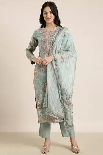 women's round neck solid zari sea green straight kurta and trouser with dupatta