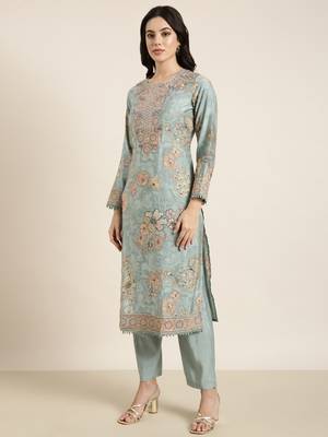 women's round neck solid zari sea green straight kurta and trouser with dupatta 3