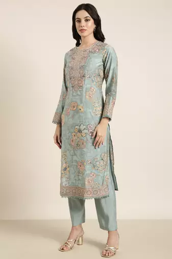 women's round neck solid zari sea green straight kurta and trouser with dupatta