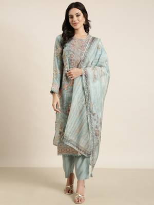 women's round neck solid zari sea green straight kurta and trouser with dupatta 4