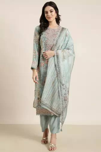 women's round neck solid zari sea green straight kurta and trouser with dupatta