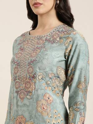 women's round neck solid zari sea green straight kurta and trouser with dupatta 5