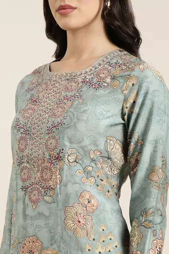 women's round neck solid zari sea green straight kurta and trouser with dupatta
