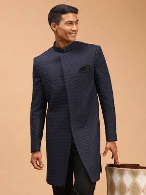 Men'S Navy Blue Silk Blend Sherwani Only Top 1