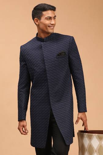 Men'S Navy Blue Silk Blend Sherwani Only Top