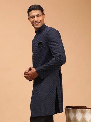 Men'S Navy Blue Silk Blend Sherwani Only Top 2