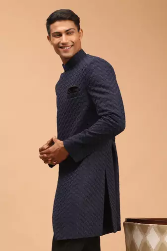 Men'S Navy Blue Silk Blend Sherwani Only Top