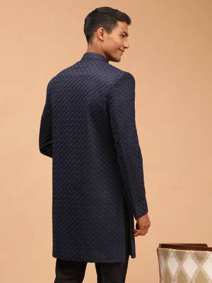 Men'S Navy Blue Silk Blend Sherwani Only Top 3
