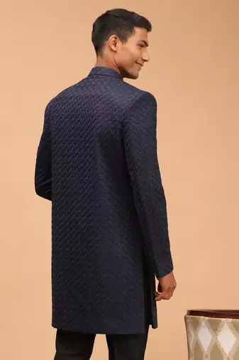 Men'S Navy Blue Silk Blend Sherwani Only Top