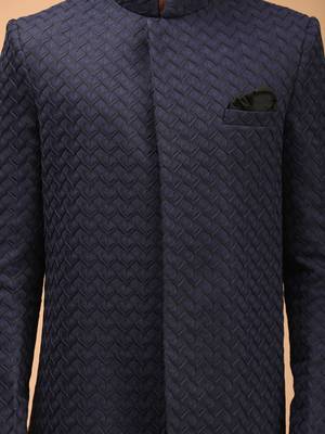 Men'S Navy Blue Silk Blend Sherwani Only Top 4
