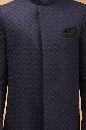 Men'S Navy Blue Silk Blend Sherwani Only Top