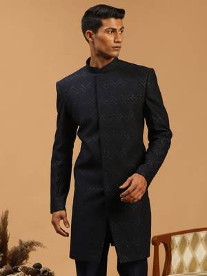 Men'S Navy Blue Silk Blend Sherwani Only Top 1