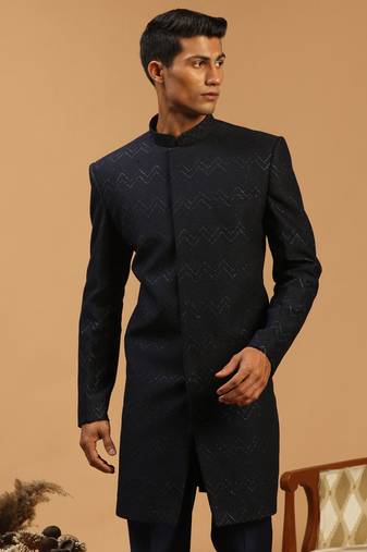 Men'S Navy Blue Silk Blend Sherwani Only Top